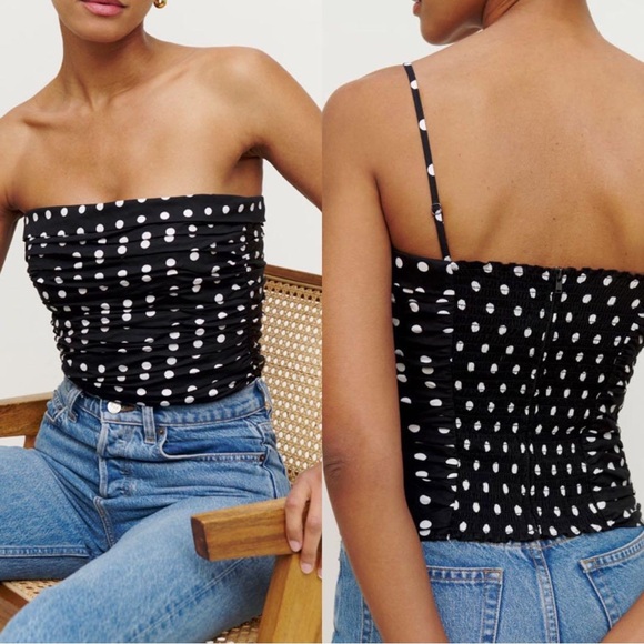 Reformation Tops - Reformation Orion black strapless polka dots ruched cami tank top